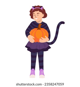 Happy girl in funny black cat costume trick or treat with pumpkin. Halloween holiday party children creepy celebration in kindergarten or school. Vector illustration isolated on white background