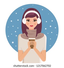 Happy girl with fur headphones  drinks coffee , kind and smily. Vector flat style cartoon illustration
.Coffee lover