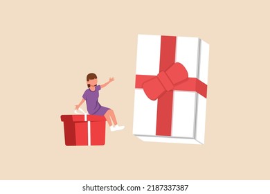 Happy girl gets gift boxes with ribbons. Gift box concept. Flat vector illustration isolated.