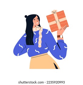 Happy girl with gift box in hand. Smiling excited woman holding present with ribbon bow for holiday, rejoicing festive surprise in package. Flat vector illustration isolated on white background