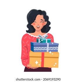 A happy girl with gift boxes in her hands. Shopping before the holidays. Gifts for New Year, Christmas, Birthday, Valentine's Day. Vector illustration