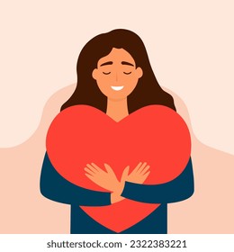 Happy girl gives love and kindness. Young woman embraces a big red heart with hands. Concept of charity, philanthropy, empathy and donation. vector illustration