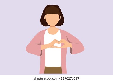 Happy girl gives love and optimistic. Love concept. Colored flat vector illustration isolated.
