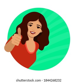 Happy girl gives a thumbs up .