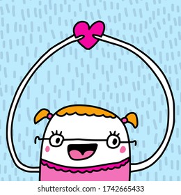 Happy girl in glasses holding heart symbol frame textured background doodle style