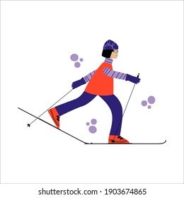 Happy girl with glasses running on skis