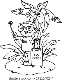 Happy girl in glasses taking selfie in vacation on island with suitcase, palm tree and tropical plants. Vector cartoon outline illustration. Coloring book page.