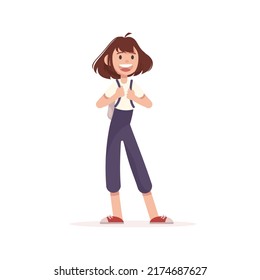 Happy girl go to school and carrying pile of books. Scene of smiling schoolgirl or cheerful student with backpack. Flat vector cartoon illustration of female teenage pupil isolated on white