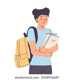 Happy girl go to school and carrying pile of books. Scene of smiling schoolgirl or cheerful student with backpack. Flat vector cartoon illustration of female teenage pupil isolated on white