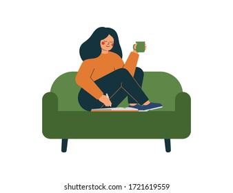 Happy girl goes through her datebook in the morning and plans her day. A smiling woman is sitting on the couch, reading a book, and drinking coffee at home. Vector illustration in flat style.