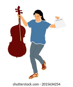 Happy girl graduating music school of cello vector illustration. Young cellist with cello and fiddle bow in hand. Music artist woman play string instrument. Classic musician jazz lady street performer