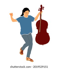 Happy girl graduating music school of cello vector illustration. Young cellist with cello and fiddle bow in hand. Music artist woman play string instrument. Classic musician jazz lady street performer