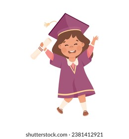 Niña feliz graduada usa vestido morado y gota de graduación con tapón con diploma Ilustración vectorial