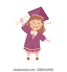 Niña feliz graduada usa vestido morado y gota de graduación con tapón con diploma Ilustración vectorial