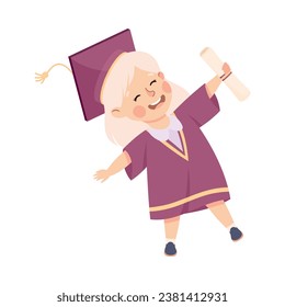 Happy Girl Graduating Wear Purple Gown and Graduation Cap Hold Diploma Vector Illustration