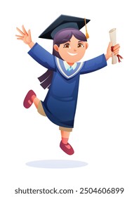 Happy girl in graduation cap and gown, holding diploma, jumping in celebration. Vector cartoon character illustration