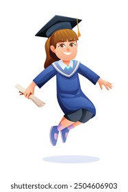 Happy girl in graduation cap and gown, holding diploma, jumping in excitement. Vector character cartoon illustration