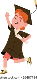 Uma menina feliz em um boné de formatura e vestido salta com um diploma na mão, desenhado em um estilo lúdico. O jovem graduado salta com emoção, segurando um certificado enrolado. Ilustração de vetor de desenhos animados.