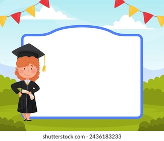 Happy Girl in Graduation Gown and Cap Near Empty Banner Vector Template