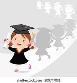 Happy girl graduation march. Vector illustration of a little girl marches during the school graduation ceremony.