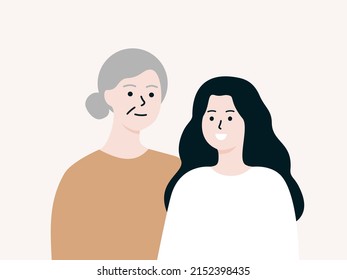 Happy Girl and grandparent feeling love. Grandchild stay close to grandmother Portrait. Friendly relationship, generation, family support concept. Flat Cartoon people vector illustration.