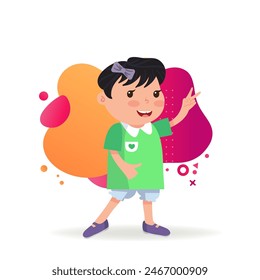 Happy girl in green dress showing V sign. Little kid with victory gesture. Childhood concept. Vector illustration can be used for topics like leisure activity, success