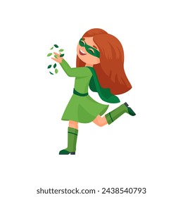 Happy girl in green fairy costume, cloak and mask running, playing with leaves vector illustration