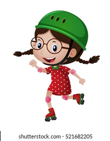 Happy girl in green helmet rollerskating illustration