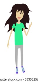 Happy girl in green shirt  with brown hair with hand waving