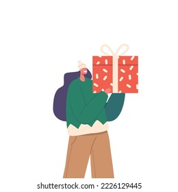 Happy Girl in Green Winter Sweater and Hat with Gift Box. Female Character Holding Present for Festive Holiday Event, Christmas, New Year or Valentines Celebration. Cartoon Vector Illustration