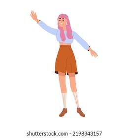 Happy girl greeting, waving with hand, gesturing hi. Young modern excited woman welcoming smb. Trendy female with colored hair and eyewear. Flat vector illustration isolated on white background