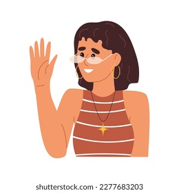 Happy girl greeting, waving with hand, gesturing hi five. Smiling teen girl inviting welcoming smb. Trendy young woman with eyewear and modern jewelery.  Flat vector illustration