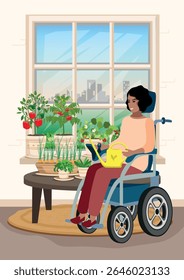 Happy girl growing vegetables on a windowsill. Growing vegetables and berries at home on a balcony or windowsill. Vector illustration.