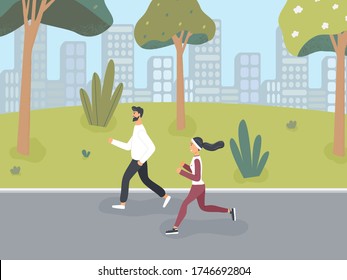 Feliz chico y chica vestido con ropa deportiva jog en primavera o parque de verano para llevar un estilo de vida saludable. Una mujer y un hombre que entrenan o corren. Actividad deportiva al aire libre. Colorida caricatura eps10 ilustración