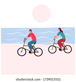 
Happy girl and guy hipster bikes the sea for fashion lifestyle design. Summer background. A young couple riding a bike. Modern flat design. Cartoon vector illustration. People ride. 