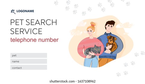 Happy girl and guy holding their lost Pets.  Cat and dog on an abstract background. Template of landing page for Pet search service. Banner for finding your favorite animals. Vector illustration.