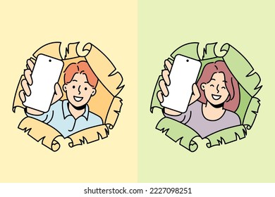 Happy girl, guy look into holes in paper with torn edges, show smartphones with blank screen. Special offer with discount, clearance sale banner. Copy space. Empty cellphone mockup. Vector concept.