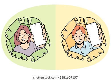 Happy girl, guy look into holes in paper with torn edges, show smartphones with blank screen. Special offer with discount, clearance sale banner. Copy space. Empty cellphone mockup. Vector concept.
