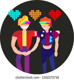 Happy girl and guy on a date in the retro cyberpunk world. Happy walk of two lovers in virtual reality. 
