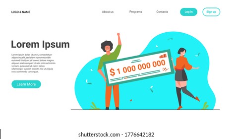 Happy girl and guy winning billion of cash, getting money prize, holding bank check. Flat vector illustration for grant, lottery winner, jackpot concept