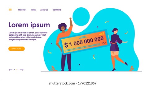Happy girl and guy winning billion of cash, getting money prize, holding bank check. Flat vector illustration for grant, lottery winner, jackpot concept