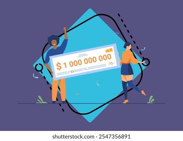 Happy girl and guy winning billion of cash, getting money prize, holding bank check. Flat vector illustration for grant, lottery winner, jackpot concept