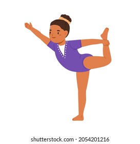 Happy girl gymnast exercising. Little child doing gymnastics. Cute kid at gym balancing posture. Junior acrobat training. Sports activity. Flat vector illustration isolated on white background