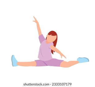 Happy girl gymnast exercising. Little child doing gymnastics. Cute kid at gym balancing posture. Junior acrobat training. Sports activity. Flat vector illustration