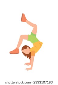 Happy girl gymnast exercising. Little child doing gymnastics. Cute kid at gym balancing posture. Junior acrobat training. Sports activity. Flat vector illustration