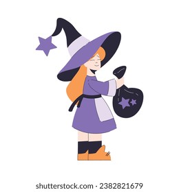 Happy Girl at Halloween Party Standing in Witch Costume with Bag Vector Illustration
