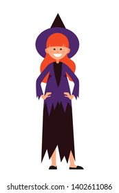 Happy girl at Halloween party vector illustration. Girl in black and purple witch halloween costume with broom in hand and big hat. Cartoon realistic people illustration. Flat young woman. Front view.