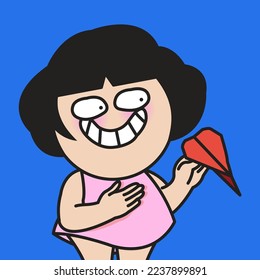 Happy Girl Hand Preparing To Throw Red Heart Shaped Paper Plane To Mid Air. Sharing Love Concept Card Character illustration