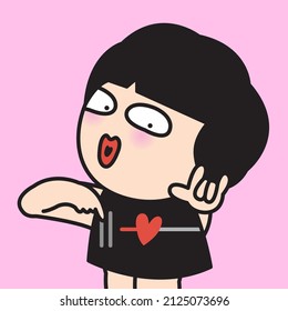 Happy Girl Hand is Pressing A Control Play Button On Her Chest To Put A Move On Her Heart Concept Card Character illustration