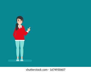 happy girl with hand up. creative person, helper, freelancer giving advice. flat vector illustration turquoise background. Hints and tints. Message, discussion, idea banner. Home office